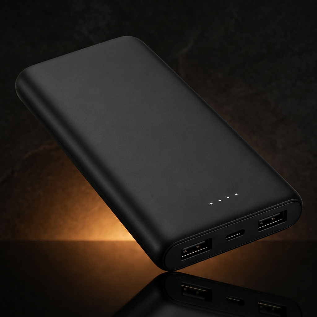 Powerbank 10.000 mAh em fundo escuro com brilho âmbar