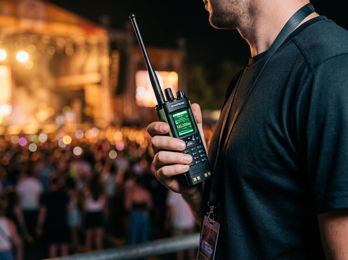Profissional de produção usando o rádio durante um evento noturno